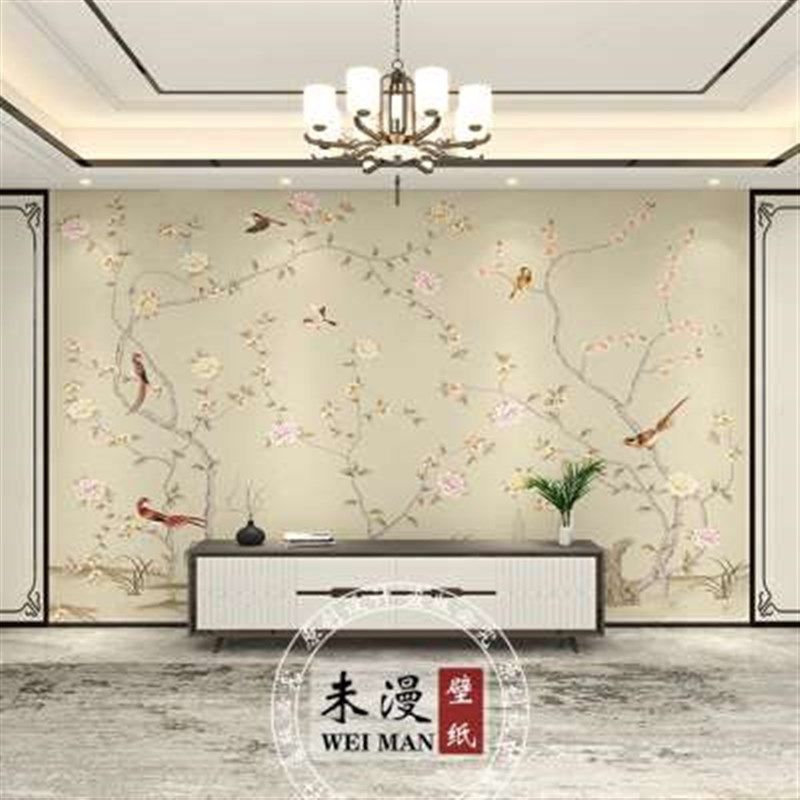 现代简约花鸟墙纸新中式墙布客厅卧室电视背景墙壁纸壁布影视壁画,家装主材,定制壁画,淘宝优惠券,粉丝福利购,淘宝优惠卷