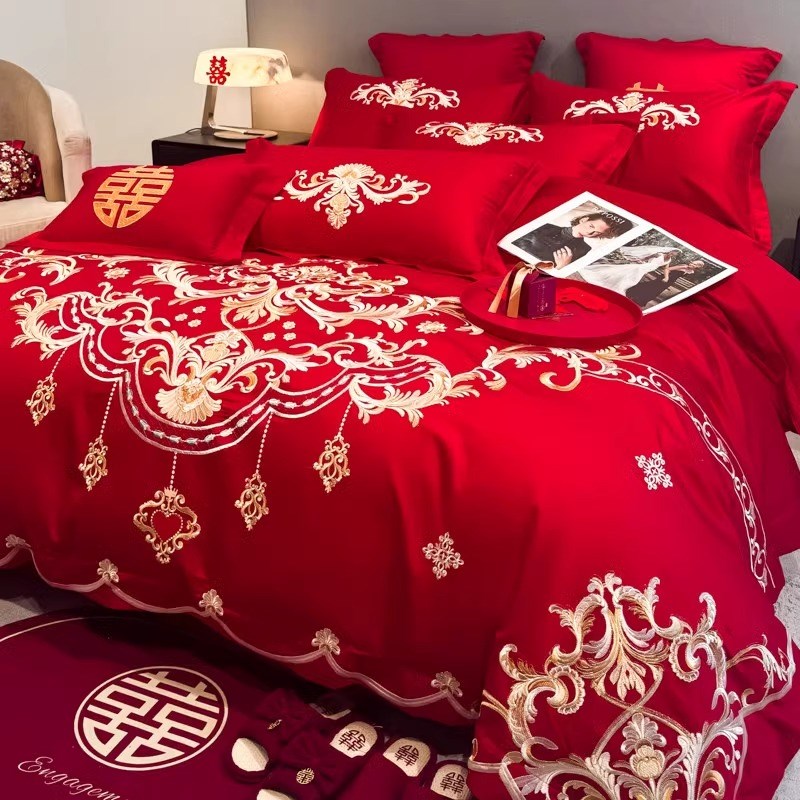 高档欧式刺绣结婚四件套大红色新婚陪嫁被套纯棉婚庆床上用品婚房