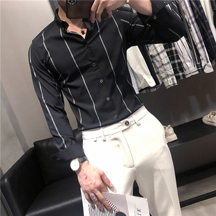 男士条纹衬衫长袖韩版修身潮流帅气春秋上衣时尚打底男装休闲衬衣
