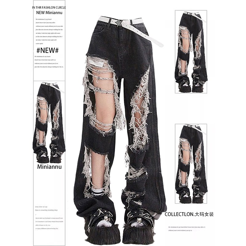 特大码女装美式设计感破洞牛仔裤女胖mm黑色裤子宽松显瘦阔腿长裤