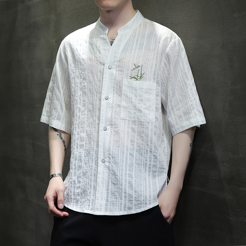 新中式男装夏季薄款刺绣唐装短袖衬衫国潮透气V领半袖宽松大码T恤