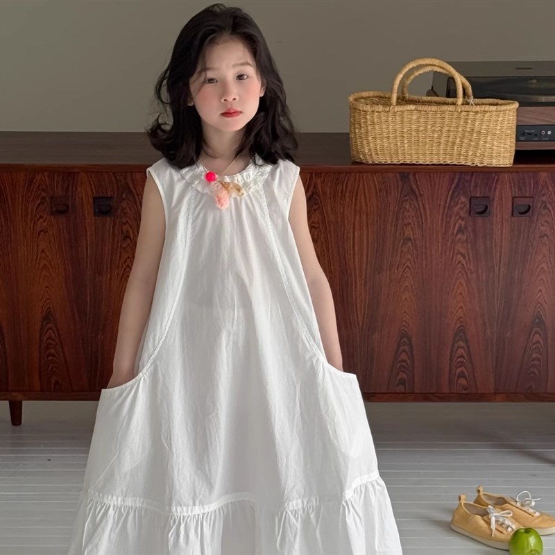 女童连衣裙夏装2025新款儿童裙子洋气无袖长裙小女孩白色公主裙