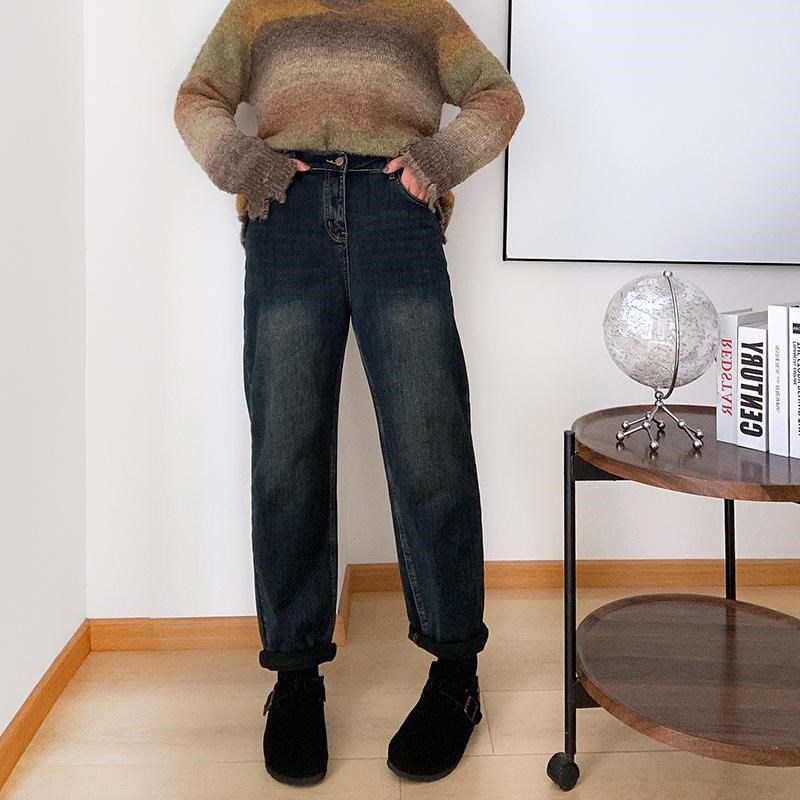 大码女装复古蓝加绒哈伦牛仔裤女秋冬磨白女裤显瘦长裤胖mm裤子