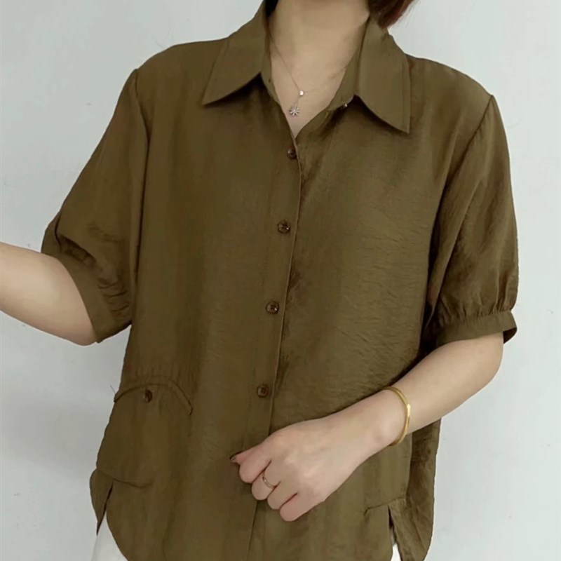夏季新款短袖衬衫气质百搭显瘦宽松纽扣设计感棉麻减龄妈妈装上衣