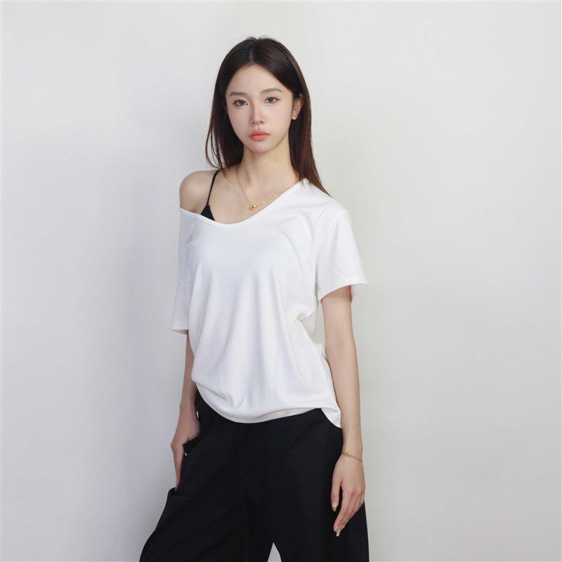 大佬街舞潮牌松弛感V领T恤弹力小众上衣凉感慵懒风编舞纯色夏7004