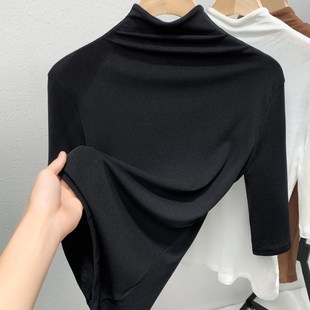 中领上衣春秋款 纱衣黑色沙体t恤半袖 女中袖 小高领双层网纱打底衫