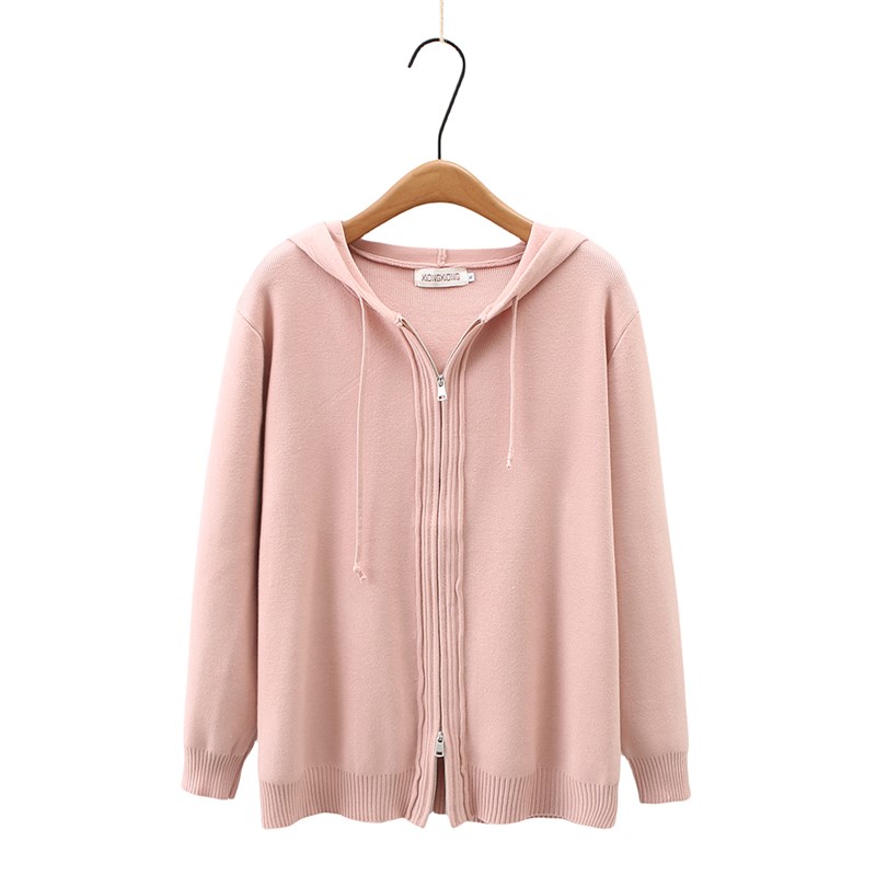 大码秋冬女士新款毛衣外套200斤胖mm设计感连帽双拉链头针织开衫