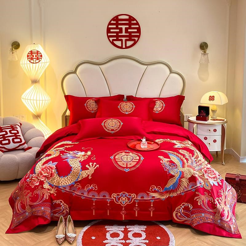 高端中式长绒棉婚庆四件套纯棉龙凤刺绣大红色床单陪嫁结婚床品4