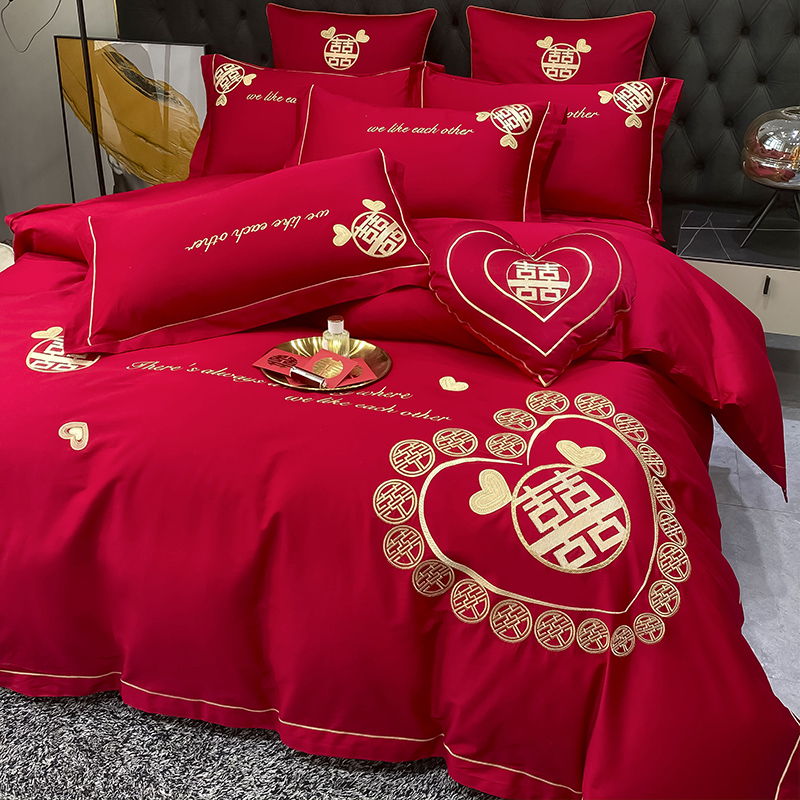 高档婚庆120支全棉四件套大红刺绣被套床笠纯棉结婚喜庆床上用品4