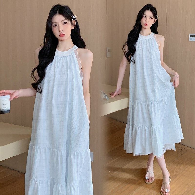 高端辣妈孕妇装夏季法式挂脖吊带裙挂脖背心连衣裙宽松蓝色仙女夏