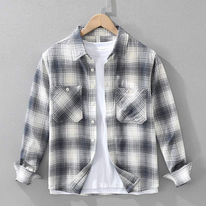日系休闲格子纯棉长袖衬衫男士春秋青年复古百搭文艺翻领宽松上衣