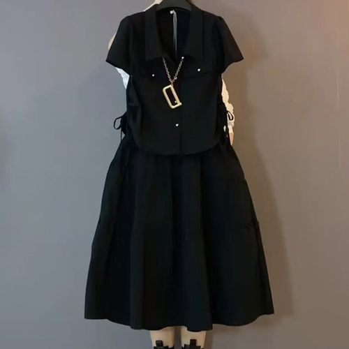 胖妹妹2025夏季纯色显瘦两件套短袖遮肚子高腰半身裙套装洋气宽松