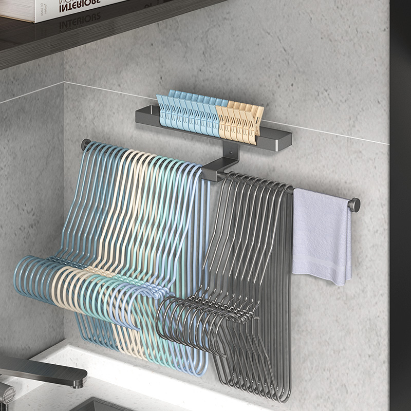 枪灰色晾衣架收纳神器阳台免打孔挂壁式家用整理架子多功能挂钩杆