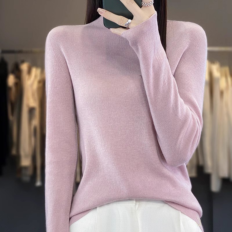 秋冬新款半高领修身毛衣女套头针织衫精纺细羊毛内搭长袖打底衫