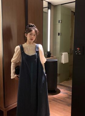 日系毛呢连衣裙女秋冬新款小个子条纹背带裙无袖裙子宽松外搭长裙