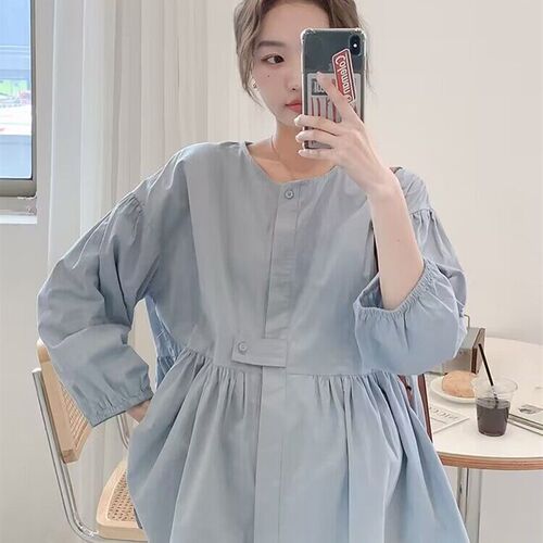 孕妇装夏款减龄娃娃衫韩版时尚宽松外出遮肚长袖上衣纯棉职业衬衫