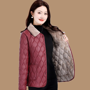 中年妈妈冬装PU皮棉衣短款加绒加厚小棉袄洋气中老年女装棉服外套