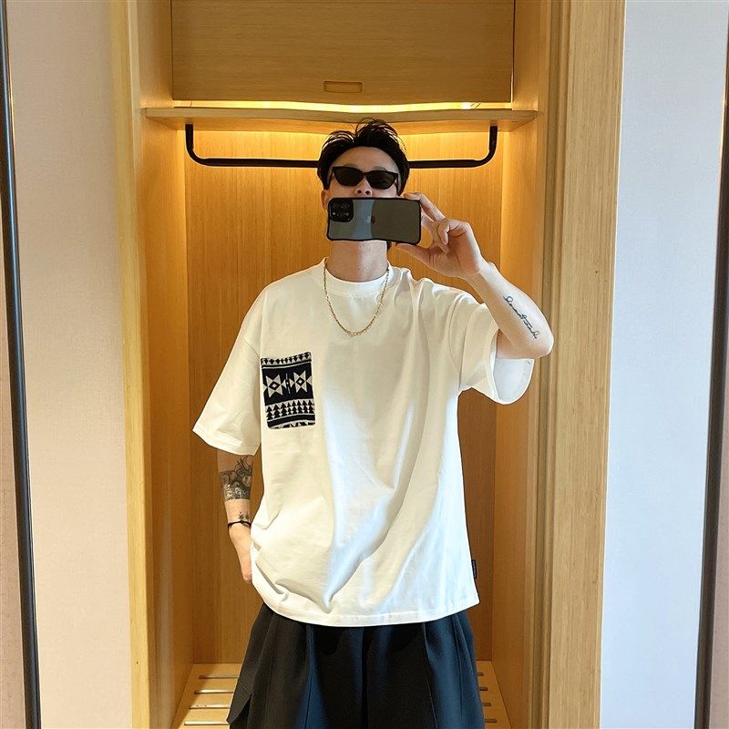 范哲贤 复古民族风口袋夏季新款重磅短袖T恤男国潮纯色体恤衫上衣