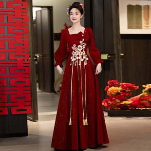 大码敬酒服新娘冬季高级感订婚结婚便装回门新中式连衣裙长袖礼服