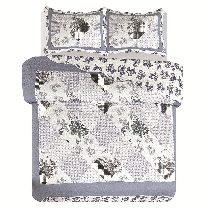 美式印花绗缝床盖三件套水洗磨毛布绗缝被三件套夹棉床单供应