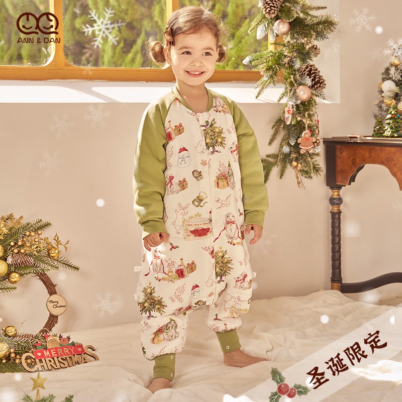 新品!圣诞限定!婴儿睡袋秋冬款夹棉纱布宝宝儿童分腿睡袋防踢被