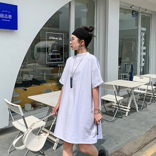 夏季 2021新款 过膝t恤女短袖 长款 百搭上衣打底 纯棉半高领宽松大码