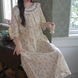 连衣裙睡衣可外穿 睡裙女夏季 清新文艺小碎花薄款 双层纯棉纱布短袖