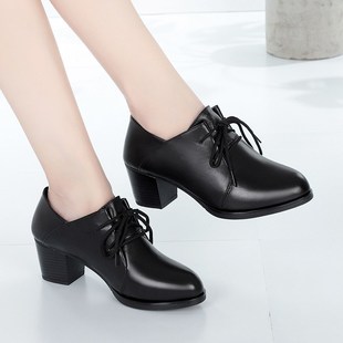 中年女士系带单鞋 真皮圆头高跟鞋 女春秋粗跟深口单鞋 黑色软底皮鞋