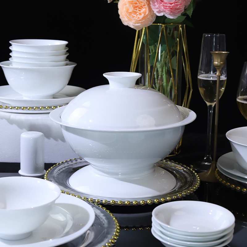 一人食餐具景德镇高白瓷碗碟餐具纯白釉下彩家用套装高档白色碗盘