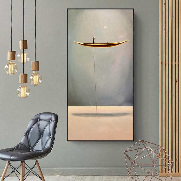 北欧简约玄关竖版油画过道走廊装饰挂画书房办公室抽象油画划船