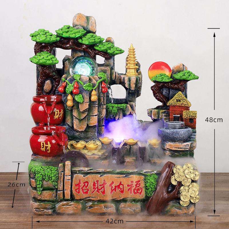 大号玄关三个水车高山流水五福铜钱灯圈加湿器摆件假山桌面