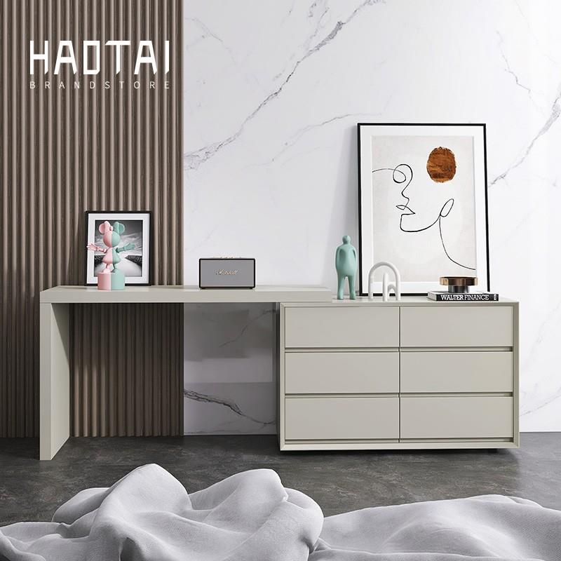 意式梳妆台书桌组合一体现代电脑桌边斗柜伸缩卧室多功能实木储物