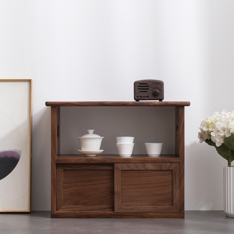 黑胡桃木实木复古推拉门家居茶具茶空间书房软装收纳柜储物小柜子