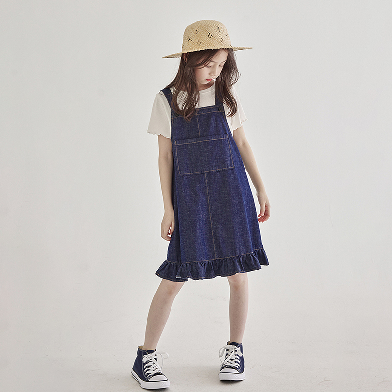 女童装2023夏季小女孩牛仔背带裙日常儿童荷叶裙摆纯色吊带连衣裙
