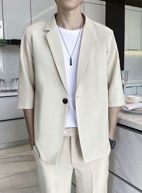 春季休闲七分袖西装套装男韩版修身垂感搭配帅气一套短袖西服外套