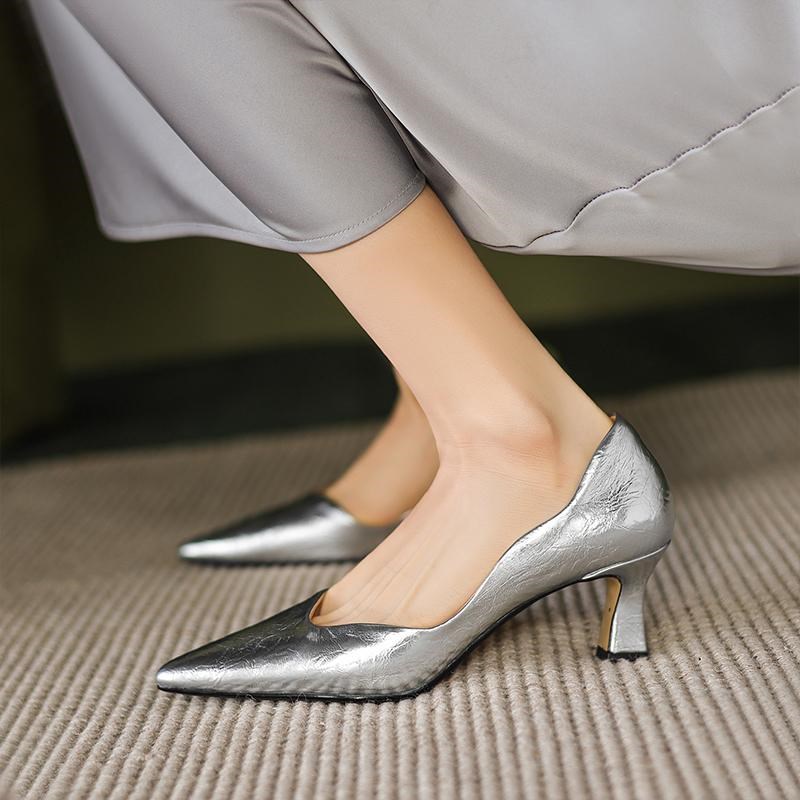 复古尖头浅口6cm高跟鞋职业工作柜姐女鞋银色细跟气质单鞋四季款