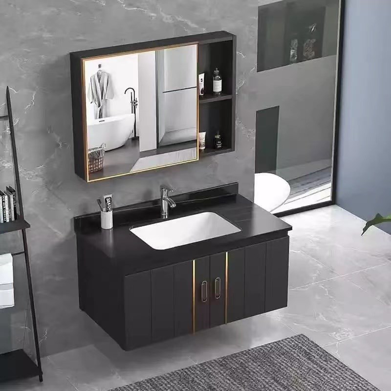 黑色岩板80cm浴室柜一体陶瓷洗脸盆柜组合卫生间洗漱台面智能镜柜