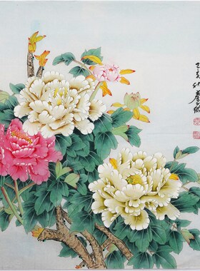 工笔牡丹画国画四尺斗方花开富贵纯手工牡丹装饰画秦薇字画01709