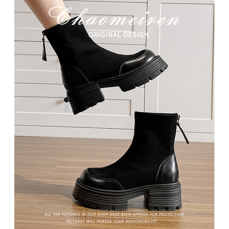 12公分弹力靴女靴子厚底短靴2024新款9CM内增高女鞋瘦瘦靴马丁靴