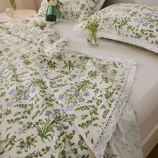 小碎花 花边床单枕套三件套纯棉加厚粗棉布双人帆布被单田园少女