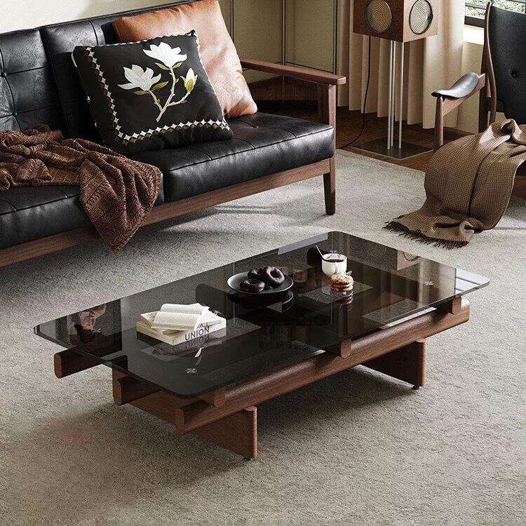 法式中古风客厅家用长方形白蜡木灰色钢化玻璃茶几现代轻奢