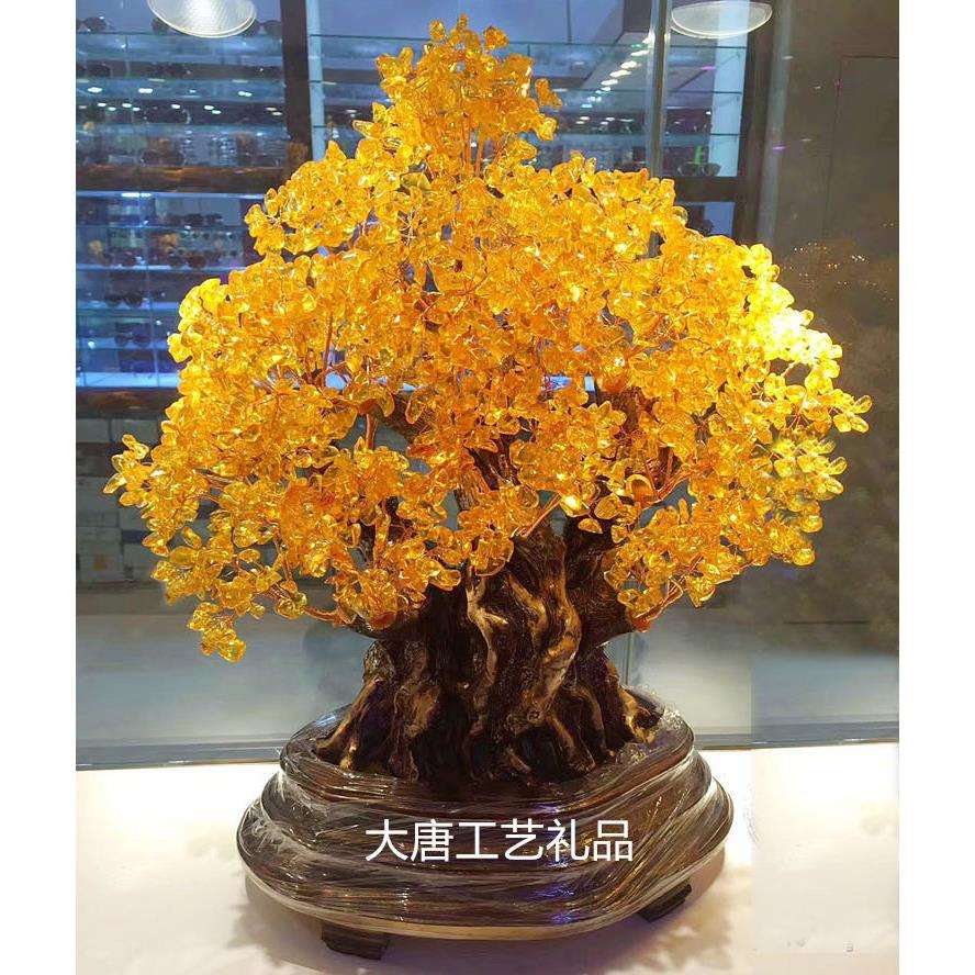 天然黄水晶招财榕树水晶树发财树摇钱树开业新居室内聚财风水摆件