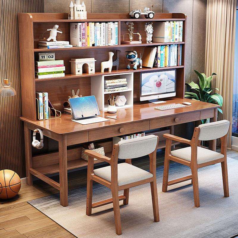 实木双人书桌书架一体电脑办公桌家用卧室儿童学习桌长条桌写字桌