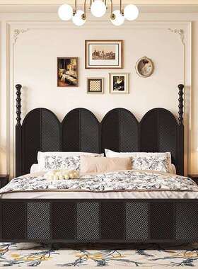 黑色轻奢美式双人床1.8米储物高箱1.5m雕花中古风法式复古实木床