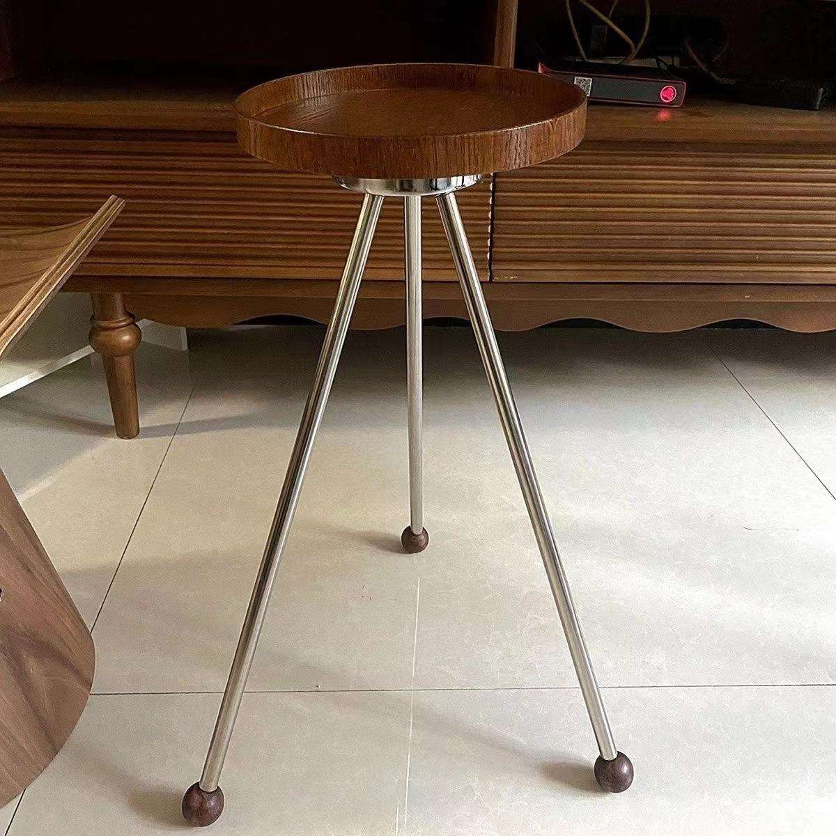 中古实木边几美式咖啡厅阳台小圆桌民宿落地不锈钢沙发桌子角茶几