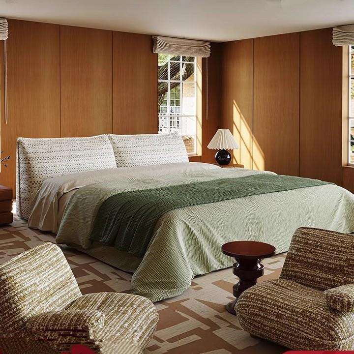 中古风布艺床雪尼尔绒不晚床现代极简别墅平层主卧室婚高端双人床