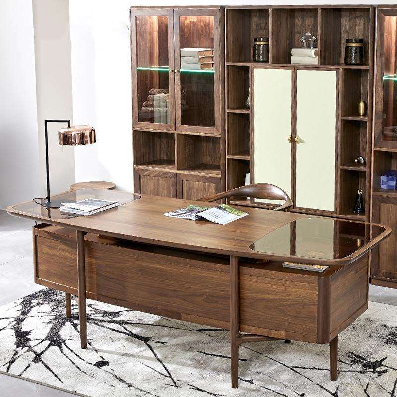 北欧全实木老板桌黑胡桃木意式轻奢书房工作台办公室办公桌书桌