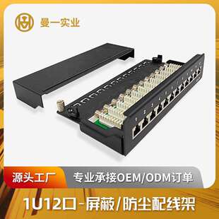 曼一12口网络配线架超六类五类屏蔽防尘弱电理线架cat.6a/5e RJ45