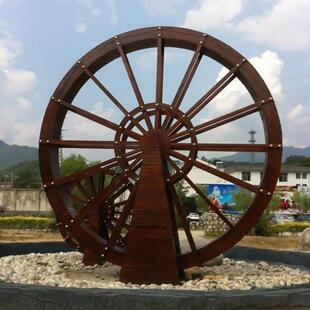 户外仿古钢结构木质水车 大型无机械动力流水旋转美陈景观成品