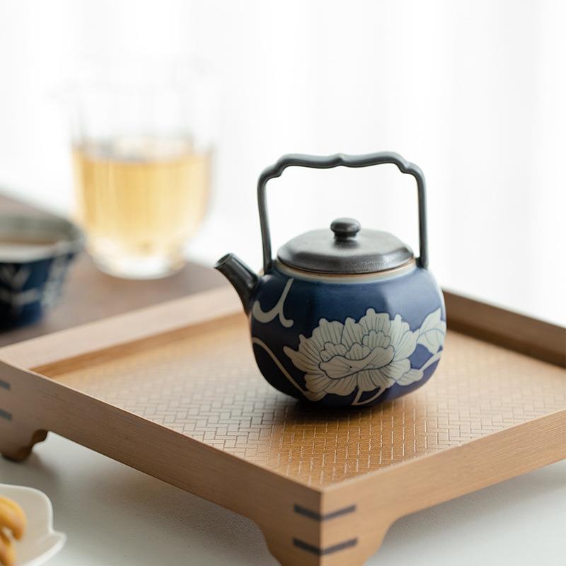 昌朴居纯手绘牡丹八方提梁壶陶瓷单壶茶壶带过滤泡茶壶冲茶